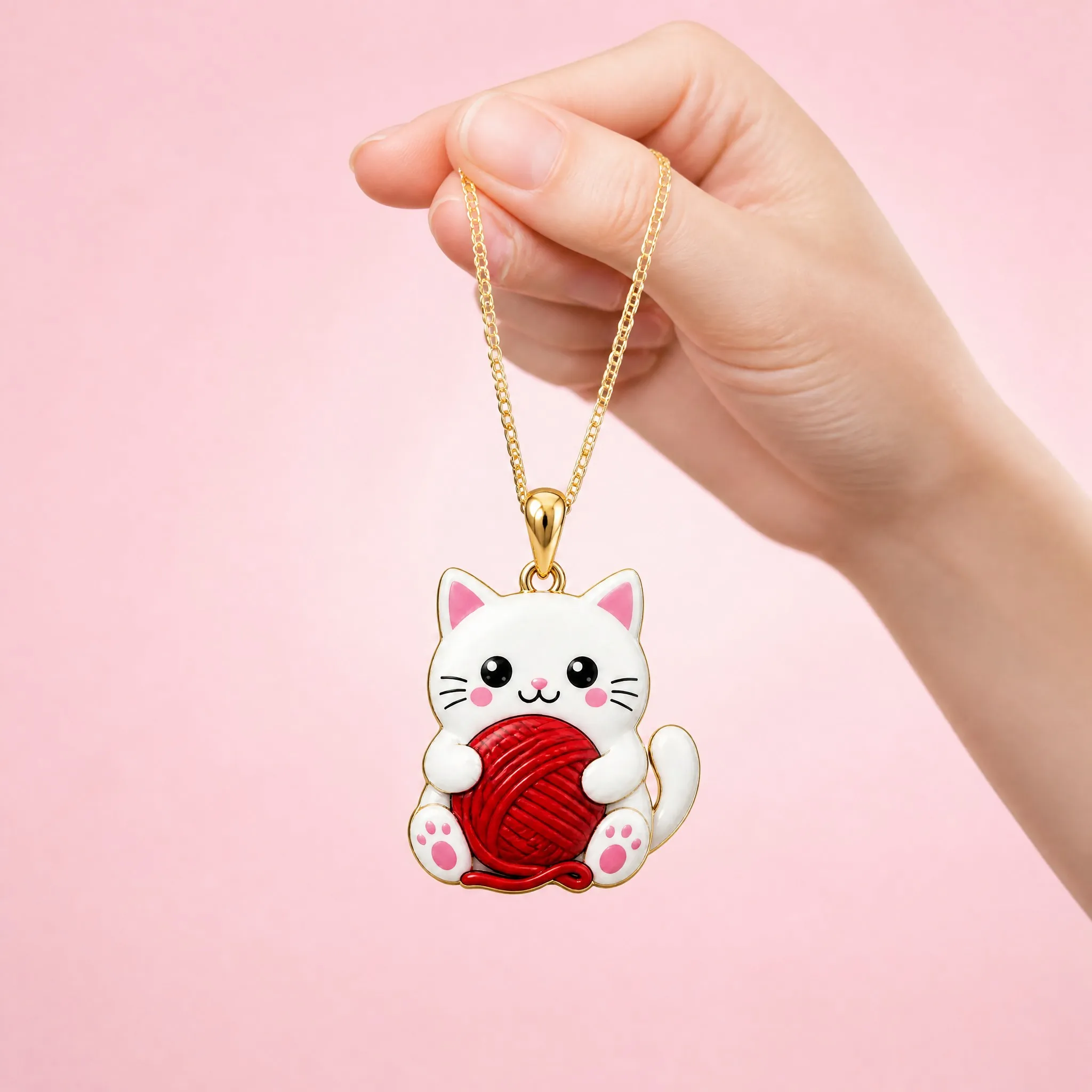 Hand holding the cat pendant necklace with pink background