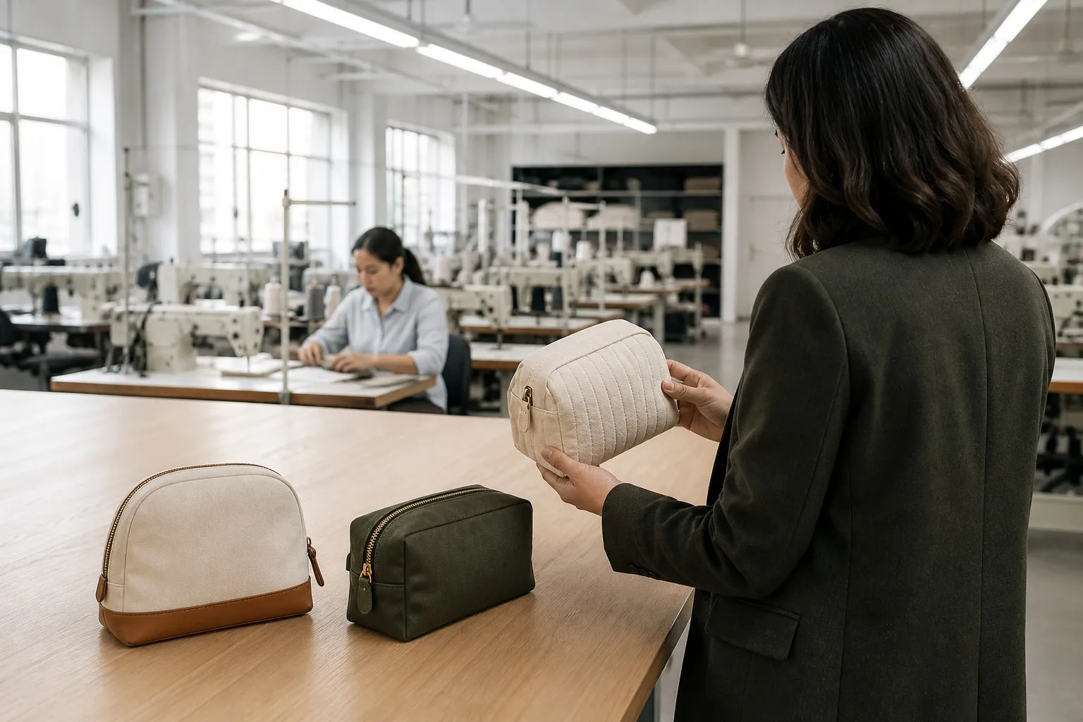 Buyer evaluating unbranded cosmetic bag prototypes inside a modern bag factory