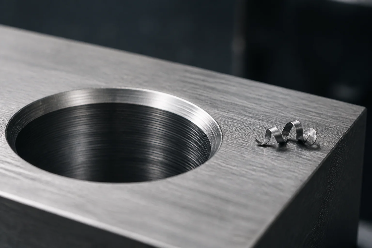Macro view of a reamed bore through a steel block showing fine tool marks and a chamfered entry edge