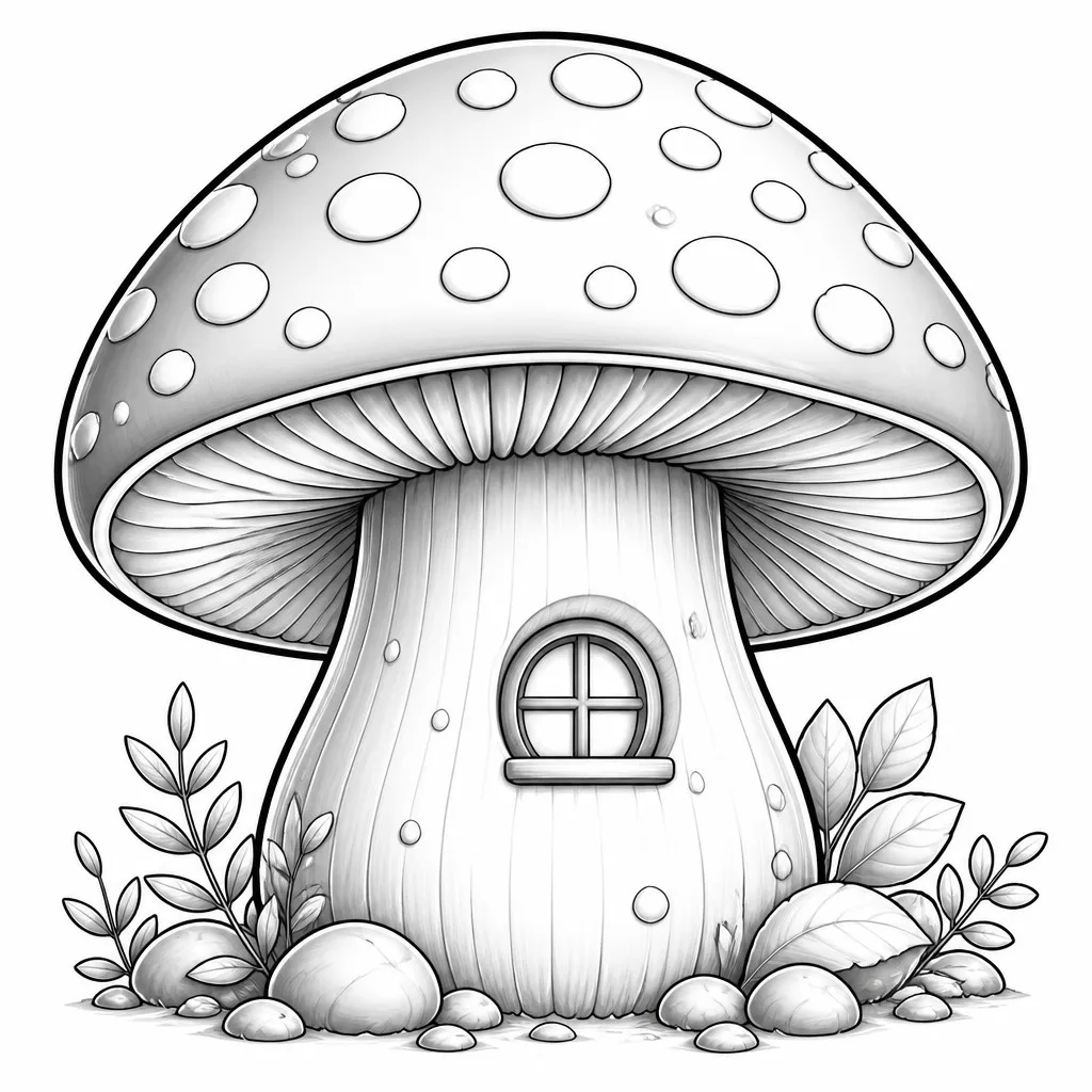 Grayscale Mushroom Line Art Illustration