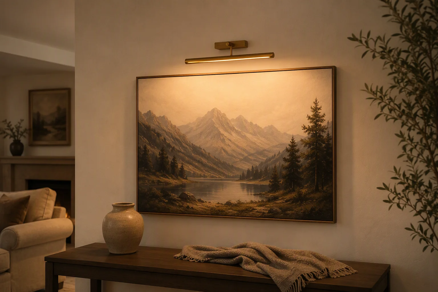 Antique brass wireless picture light mounted above framed landscape artwork in an elegant living room