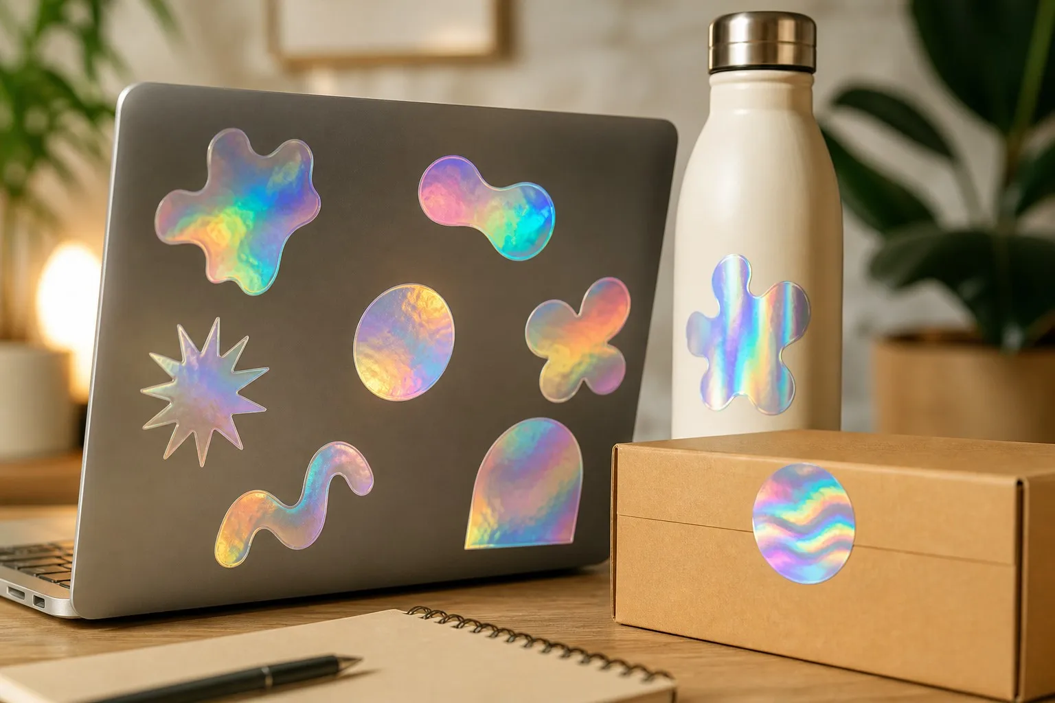 Holographic stickers on laptop water bottle product packaging real brand use