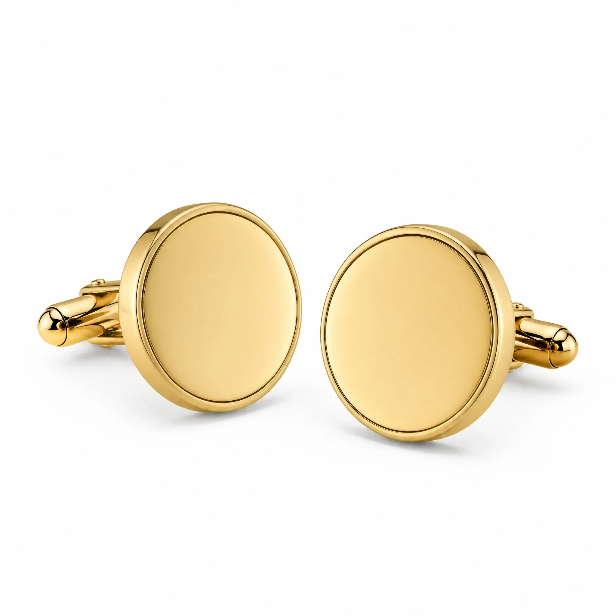 Gold polished metal cufflinks 45 degree angle view