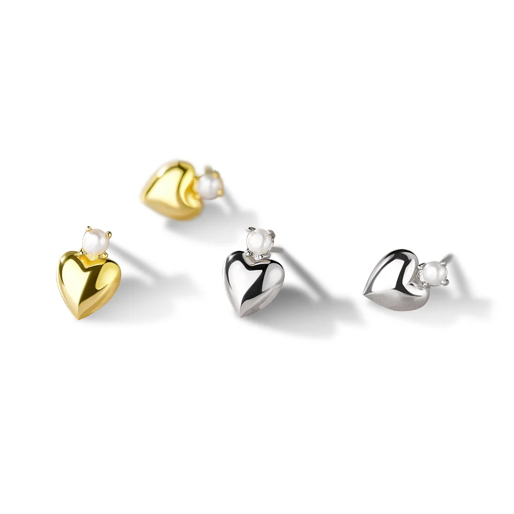 

Wholesale Tiny 925 Sterling Silver Fine Jewelry 18K Gold Plated Pearl Setting Solid Love Heart Shape Stud Earrings
