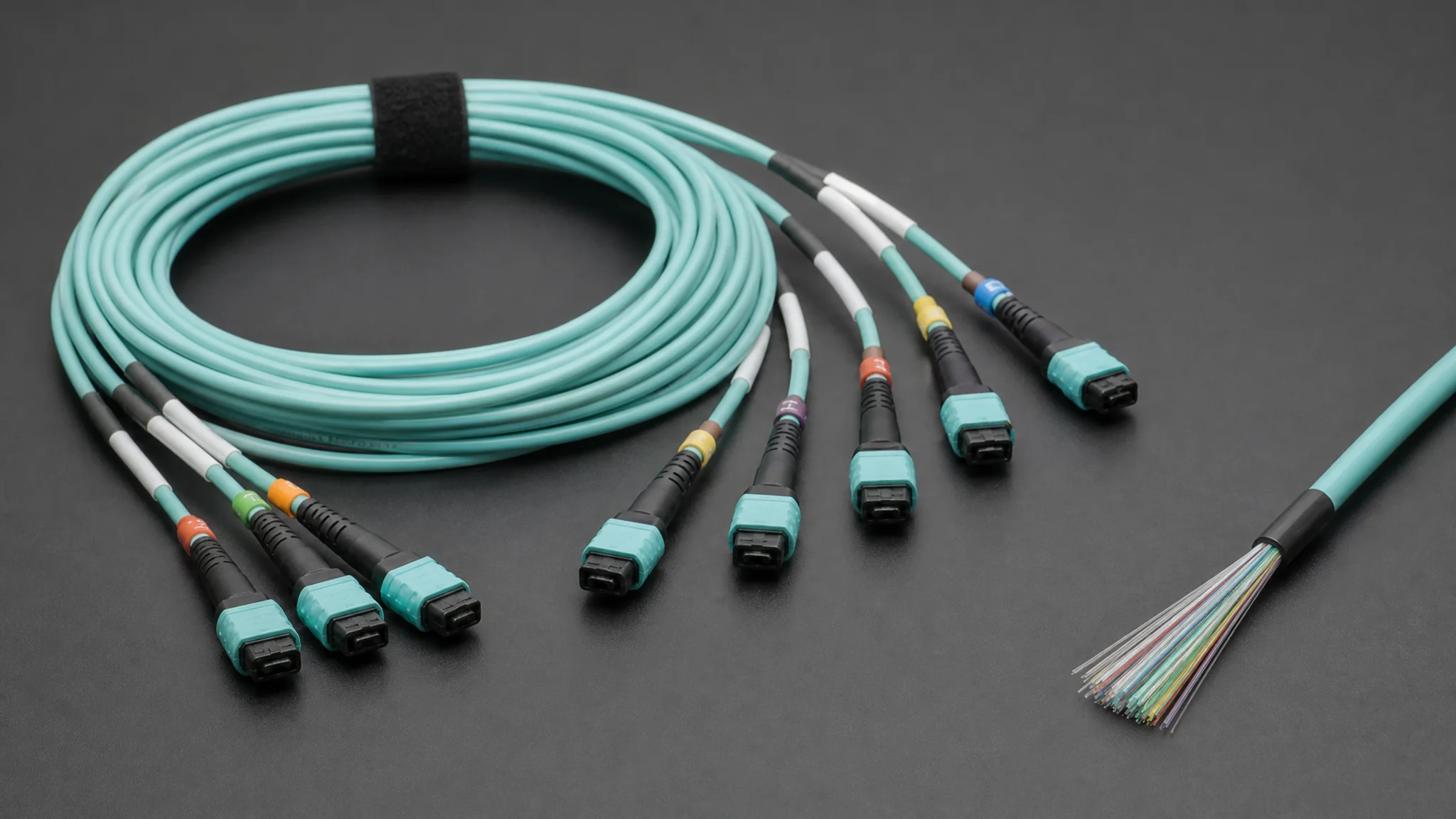 Coiled bundled cable assembly with identification bands beside an MTP trunk