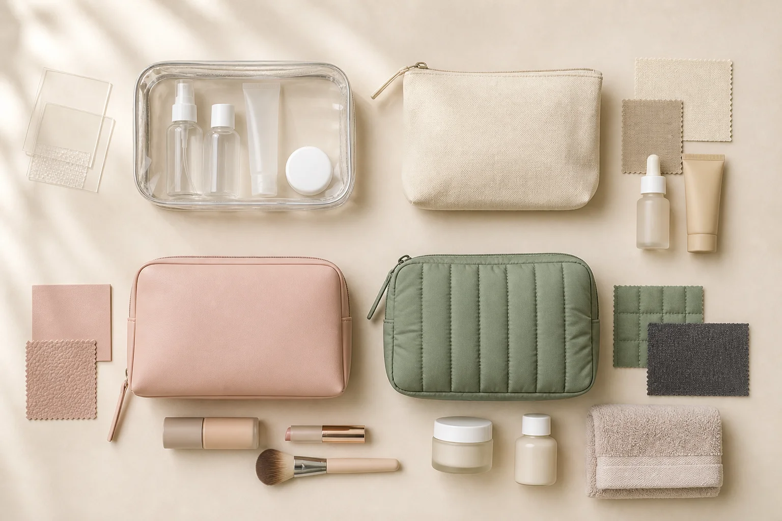 Unbranded clear TPU-style, canvas, PU-style, and quilted cosmetic bags arranged with material swatches