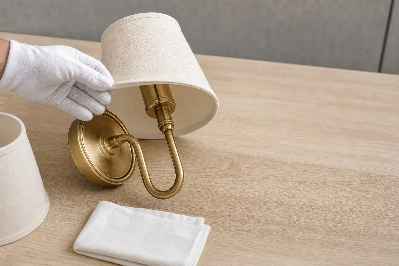 A gloved hand lifting the fabric shade of a brass hotel wall sconce on an inspection bench