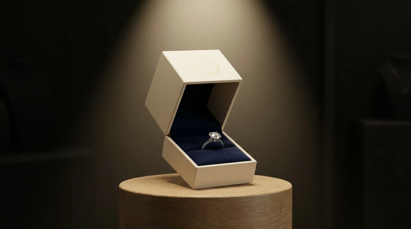 A single luxury ring box with a solitaire diamond ring under a dramatic spotlight.