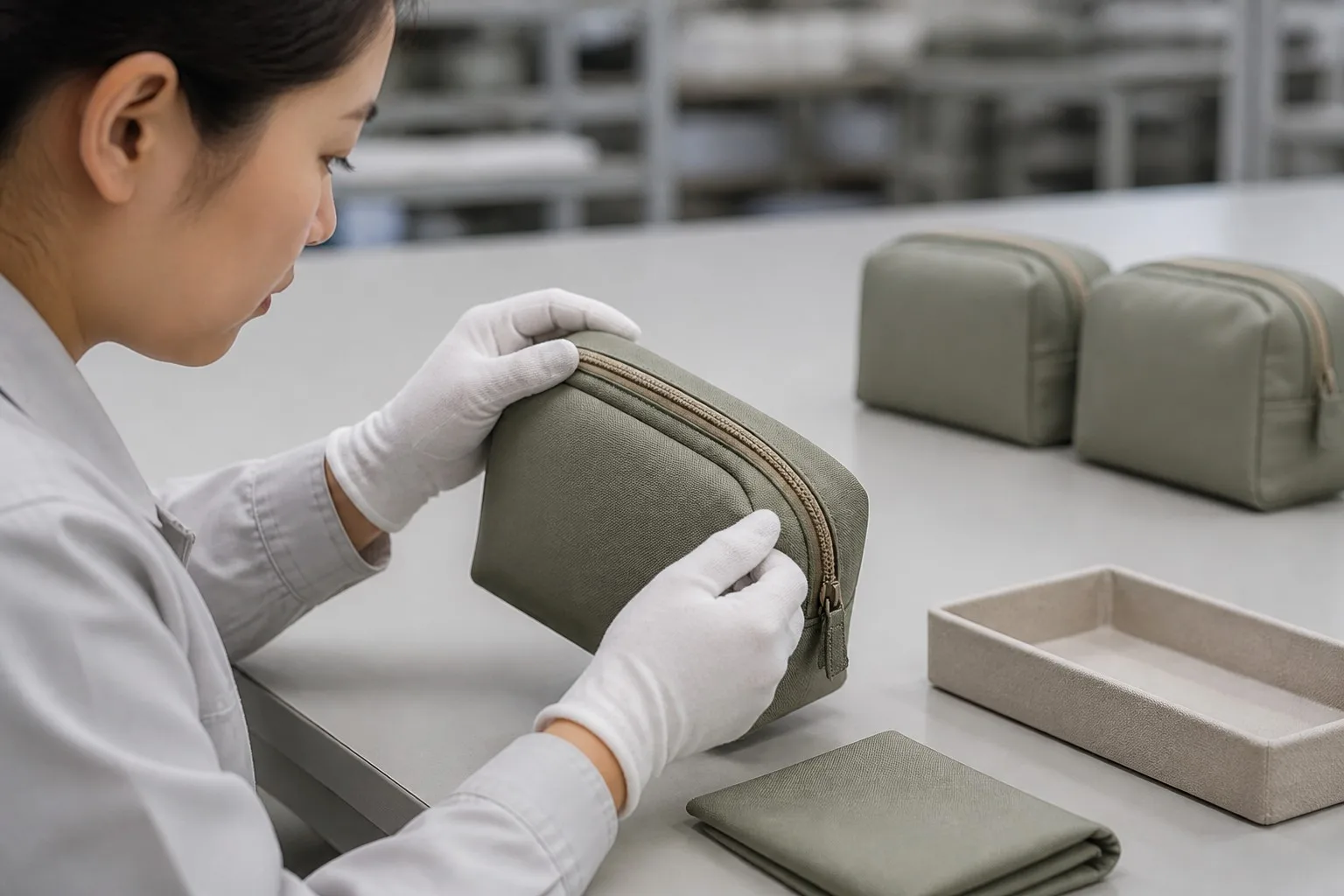Quality inspector checking cosmetic bag zipper alignment and stitching at an inspection station