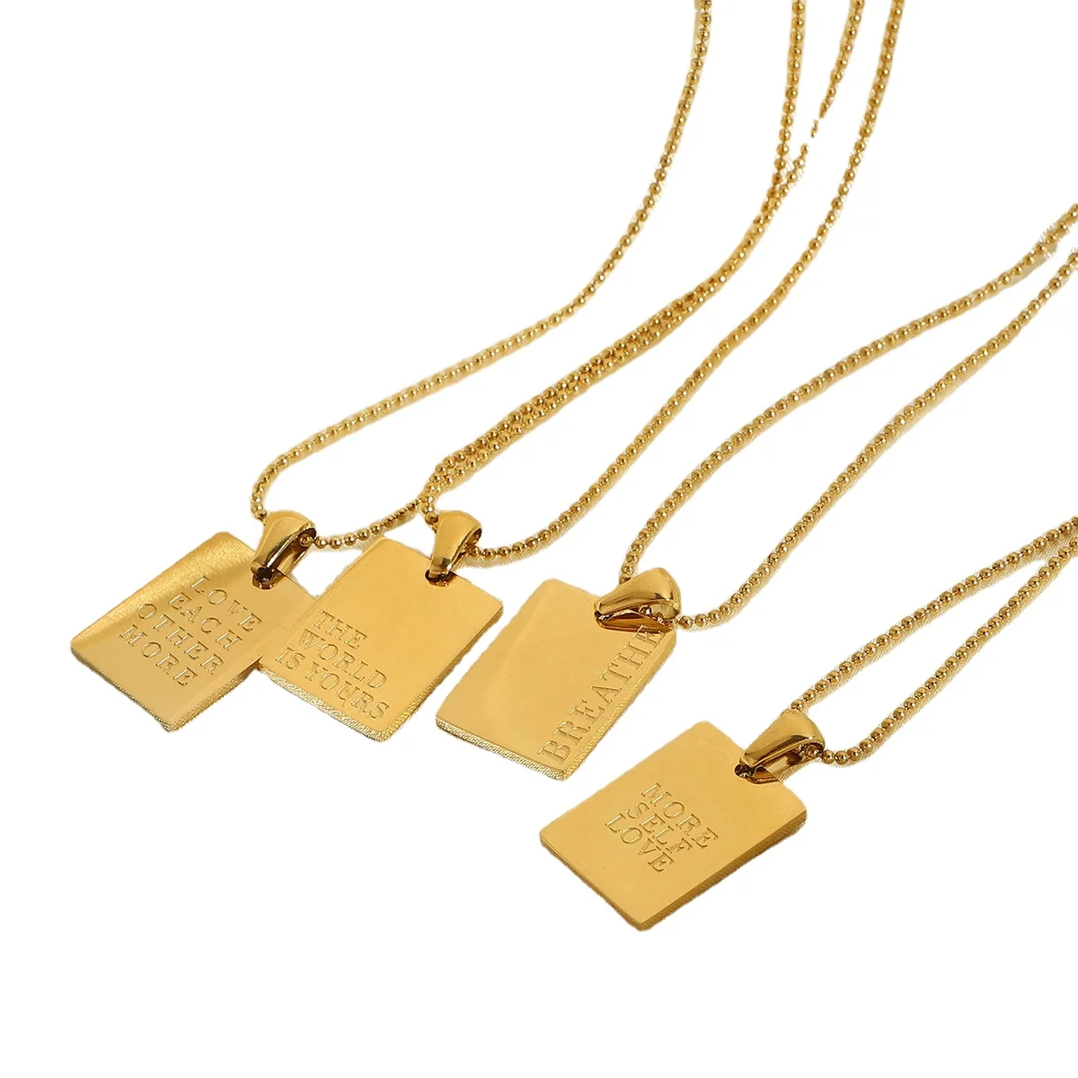 

Stainless Steel Inspirational Necklace 18K Gold Plated Engraved Square Dainty Pendant Letters Bead Chain Necklace