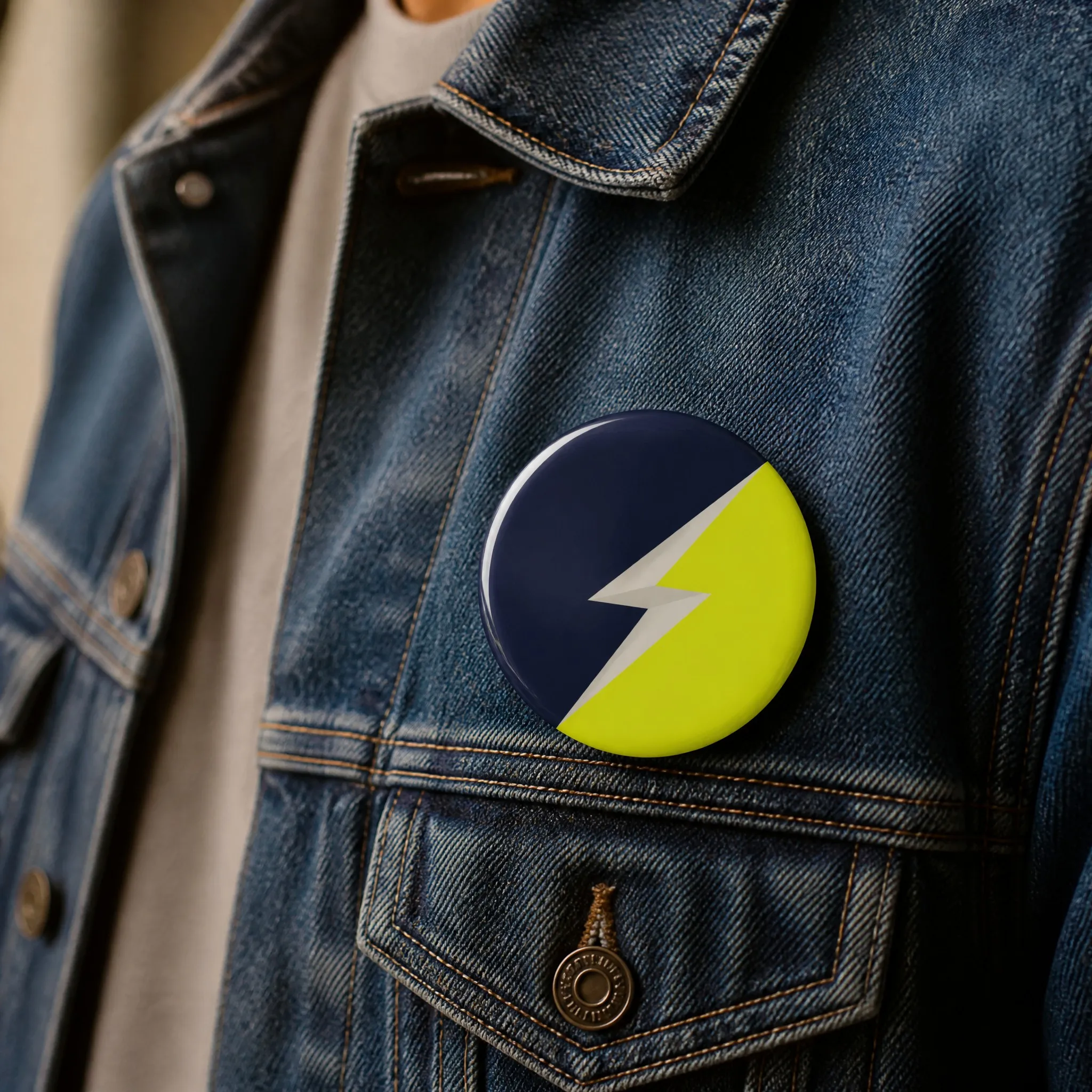 Reflective magnetic button badge worn on denim jacket