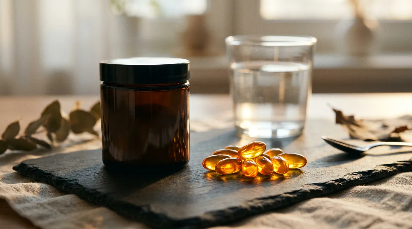 Supplement jar and glowing softgel capsules wellness routine