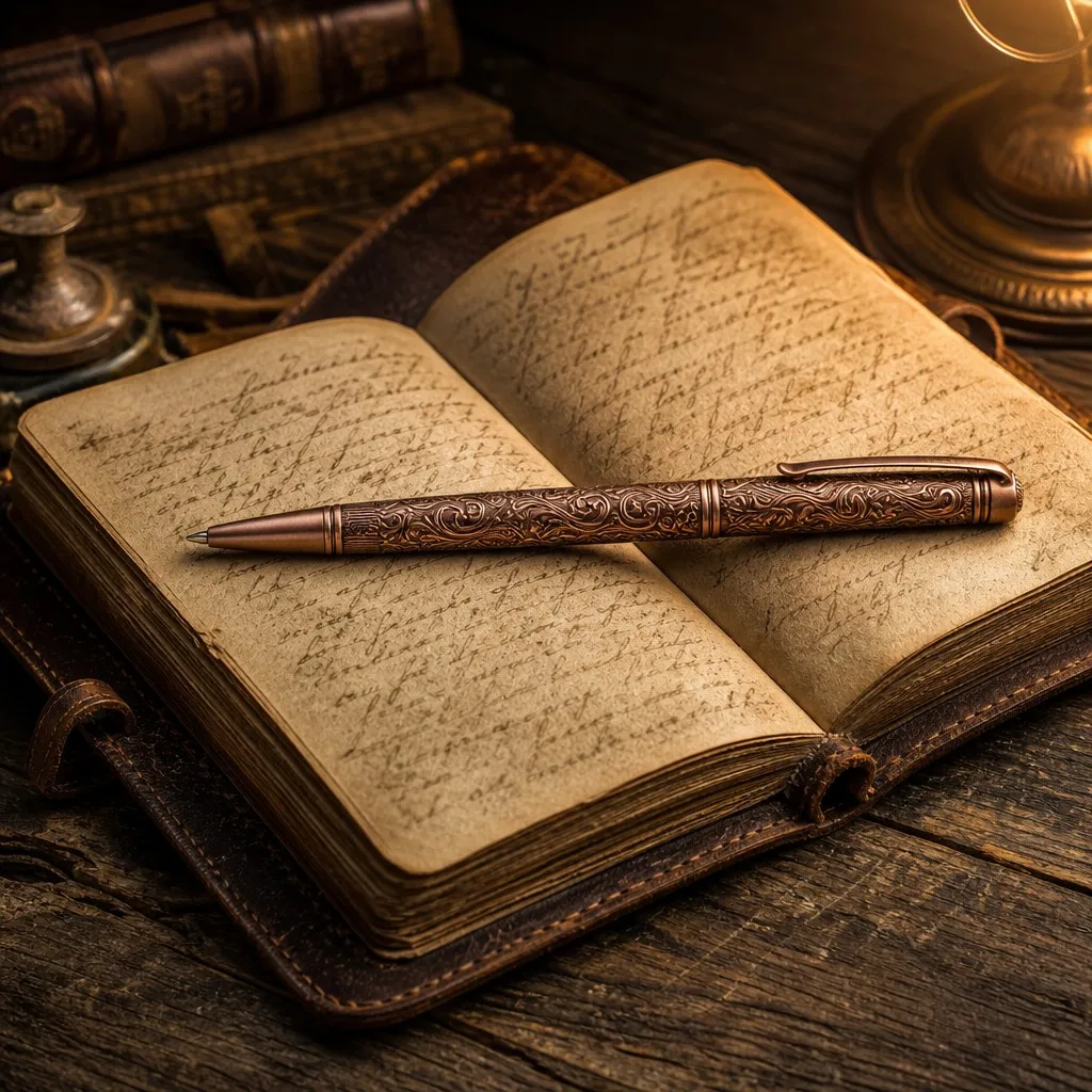 Copper vintage pen with leather journal