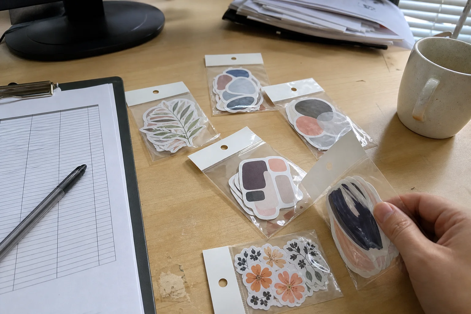 Sticker pack samples being reviewed against a supplier checklist