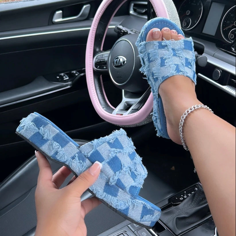 

BUSY GIRL BT4673 Checkerboard sandals denim Slippers Open Toe Blue Slides Platform Slippers For Women 2023 Chunky Sandals And Sl