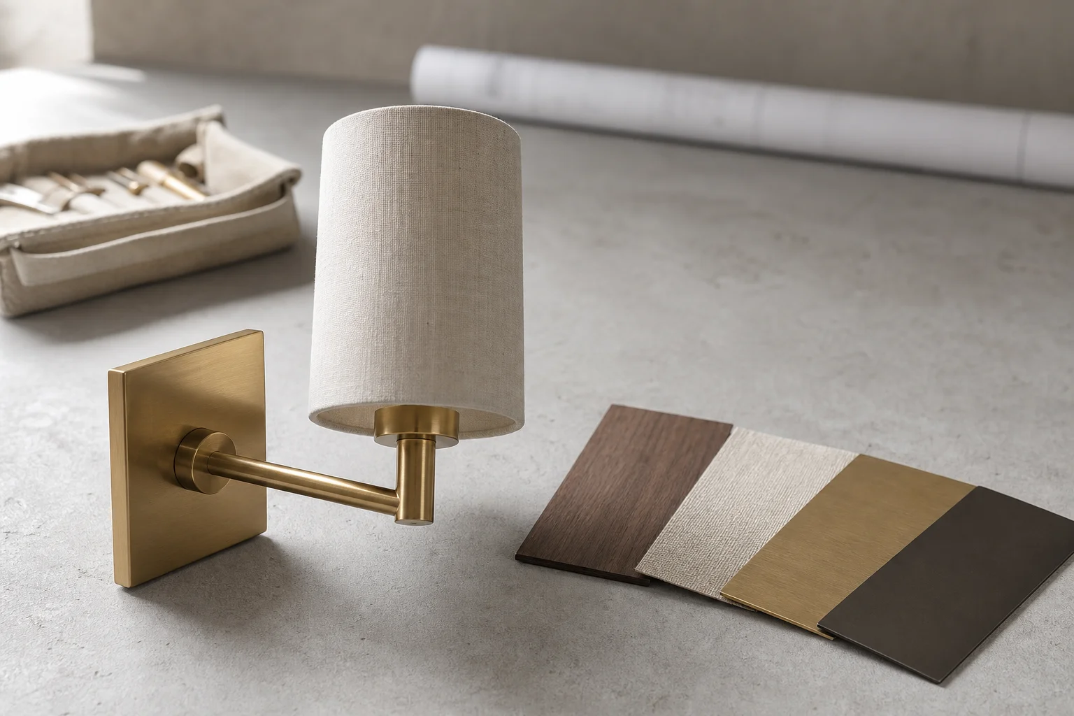 Hospitality wall sconce sample with a linen shade and brass arm beside wood, linen and metal finish swatches