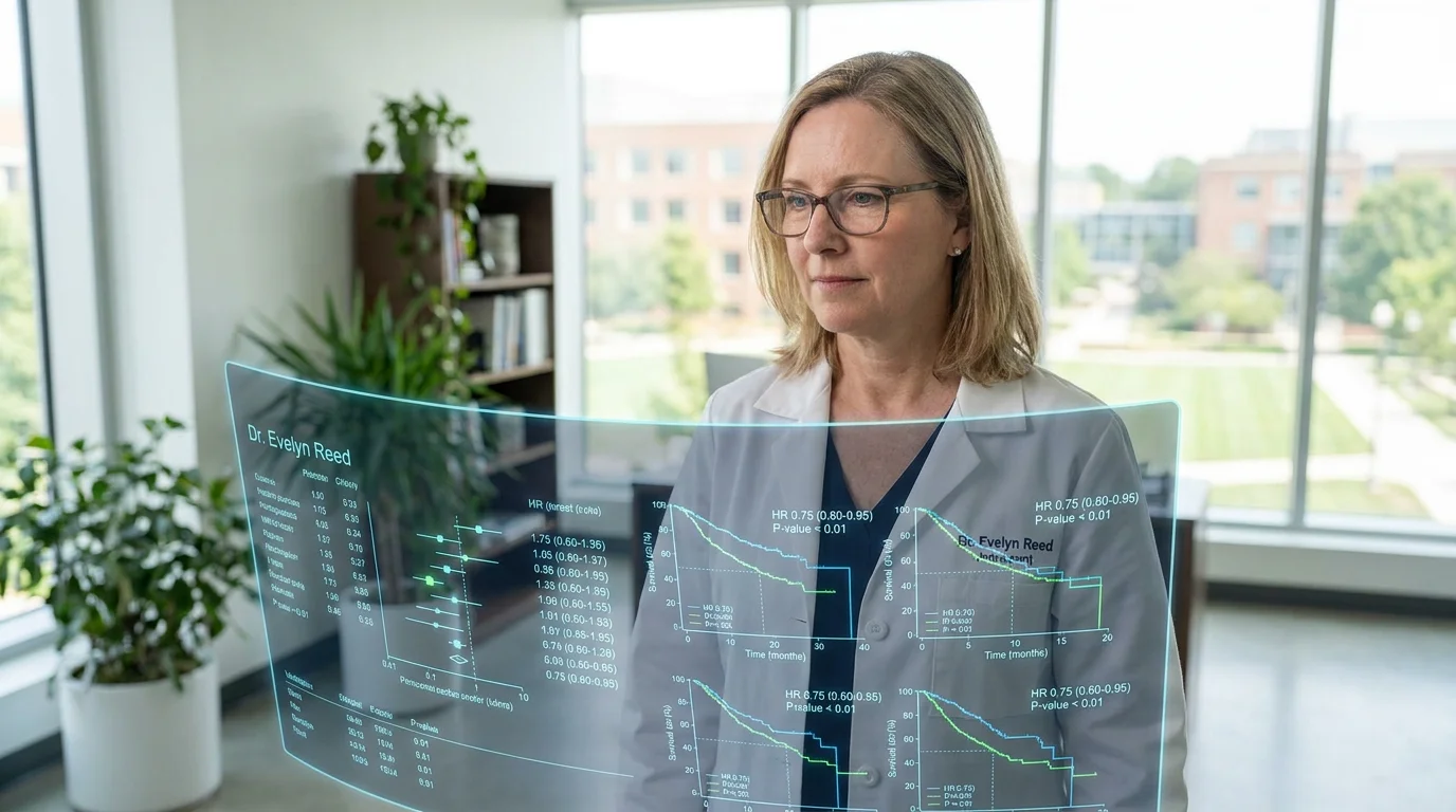 Professional researcher analyzing Kaplan-Meier survival curves on a digital screen