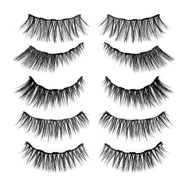 Magnetic lash kit style chart showing five pairs of magnetic lashes in different volumes from natural to dramatic on a white background - magnetic lash style range