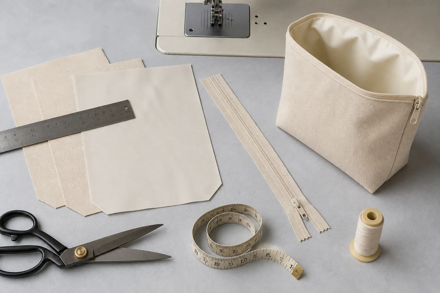 Cotton makeup bag construction laid out on a grey worktable: plain-woven cotton twill shell panels, a separate smooth coated lining panel in ivory, coil zip tape with two sliders, and an open boxed-base pouch with its lining visible
