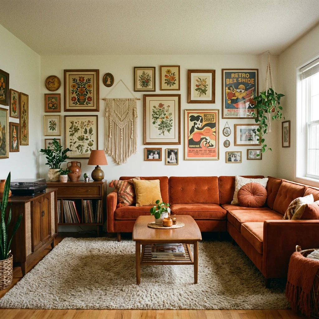 Idée de mur de cadres (Gallery Wall) style vintage pour un salon de caractère