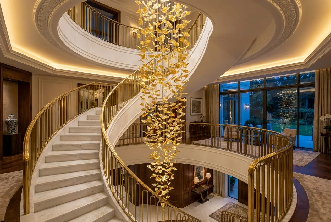 Realistic scale luxury home with a Golden Leaf Cascade Spiral Chandelier spanning three floors