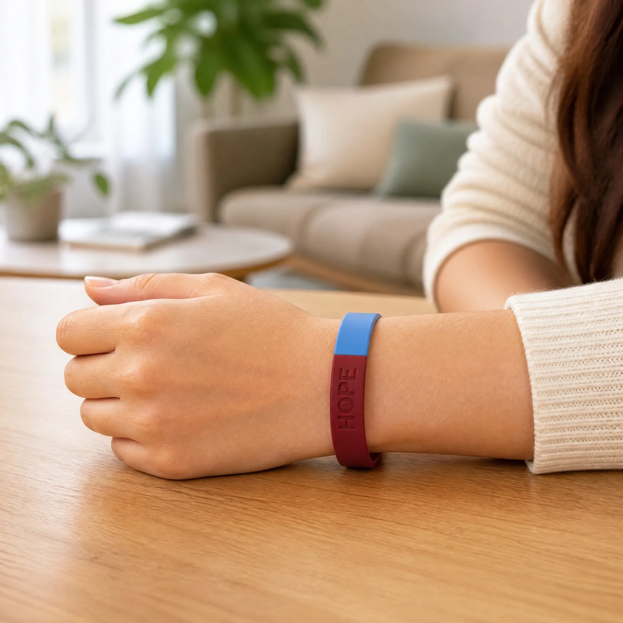 Two-tone silicone bracelet worn on wrist in daily scene