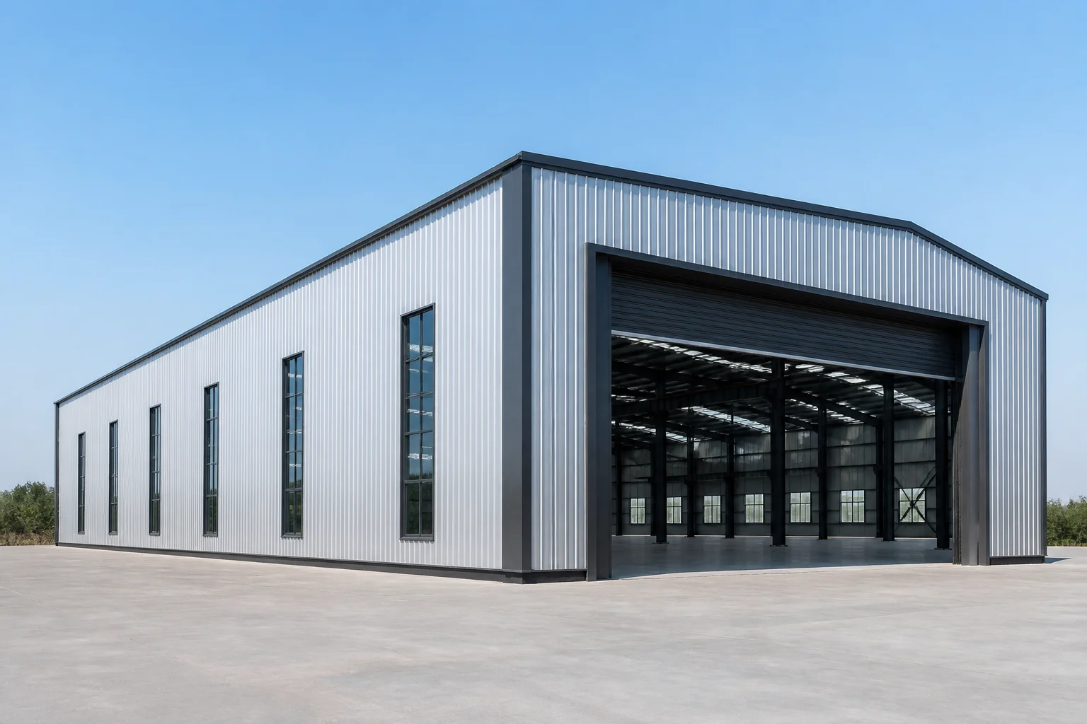 Generic steel factory building exterior with portal frame, cladding and roller shutter