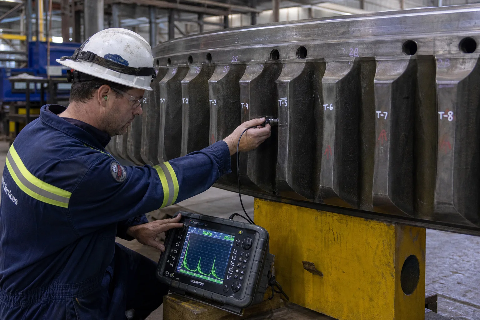 NDT technician conducting ultrasonic testing UT on heavy cast gear tooth roots