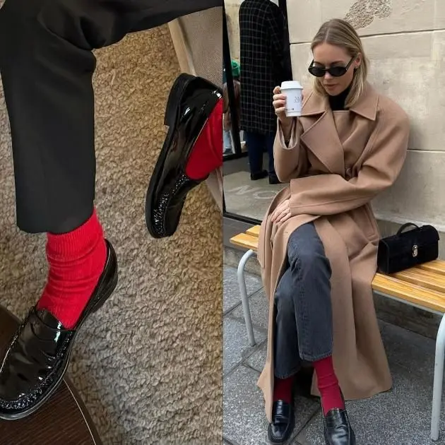 Styling red socks with black loafers