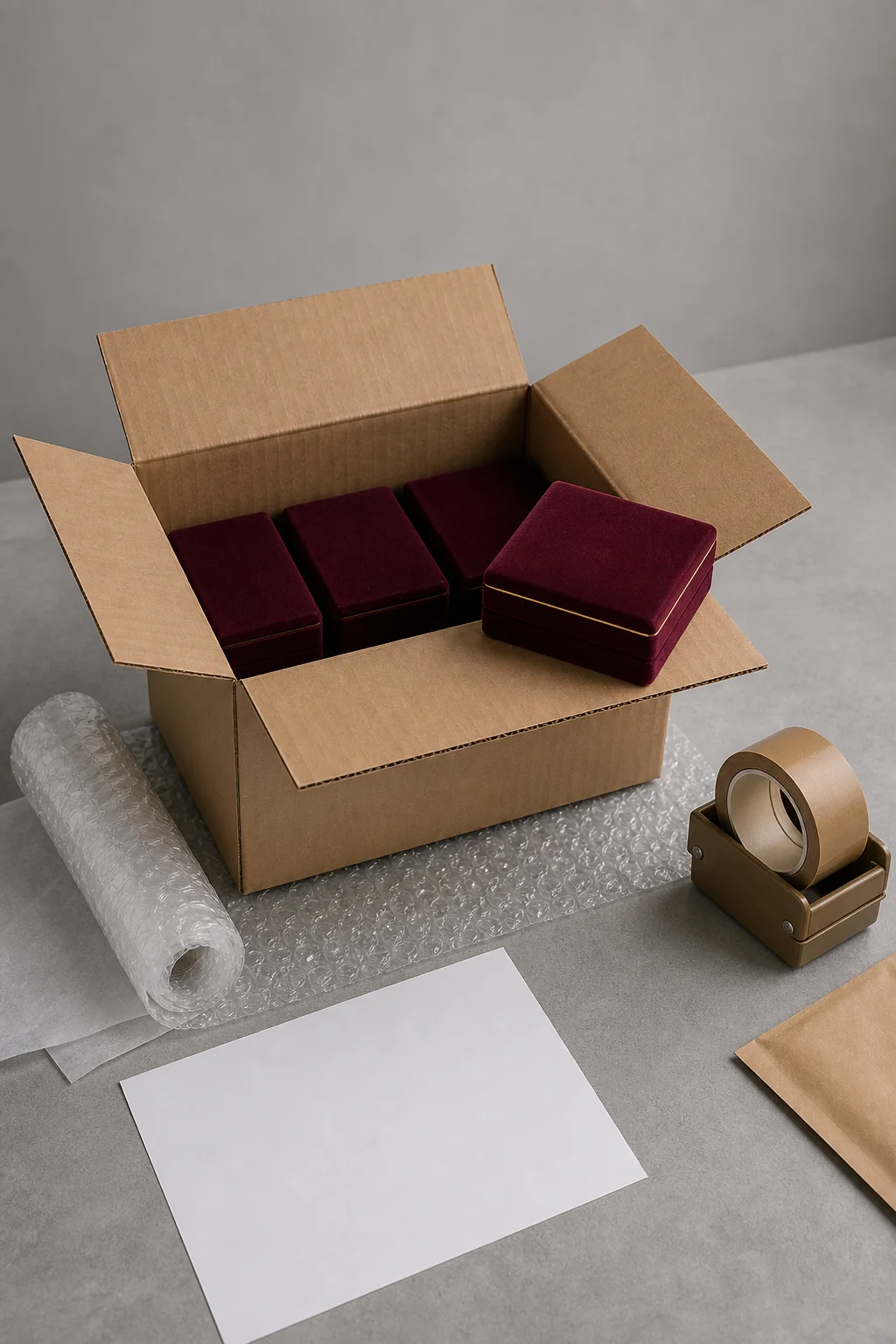 Jewelry shipping packaging: an open kraft corrugated carton with burgundy velvet jewelry boxes nested inside, one box resting on the flap, with bubble wrap, plain tape, a blank packing sheet and tissue paper on a grey worktable