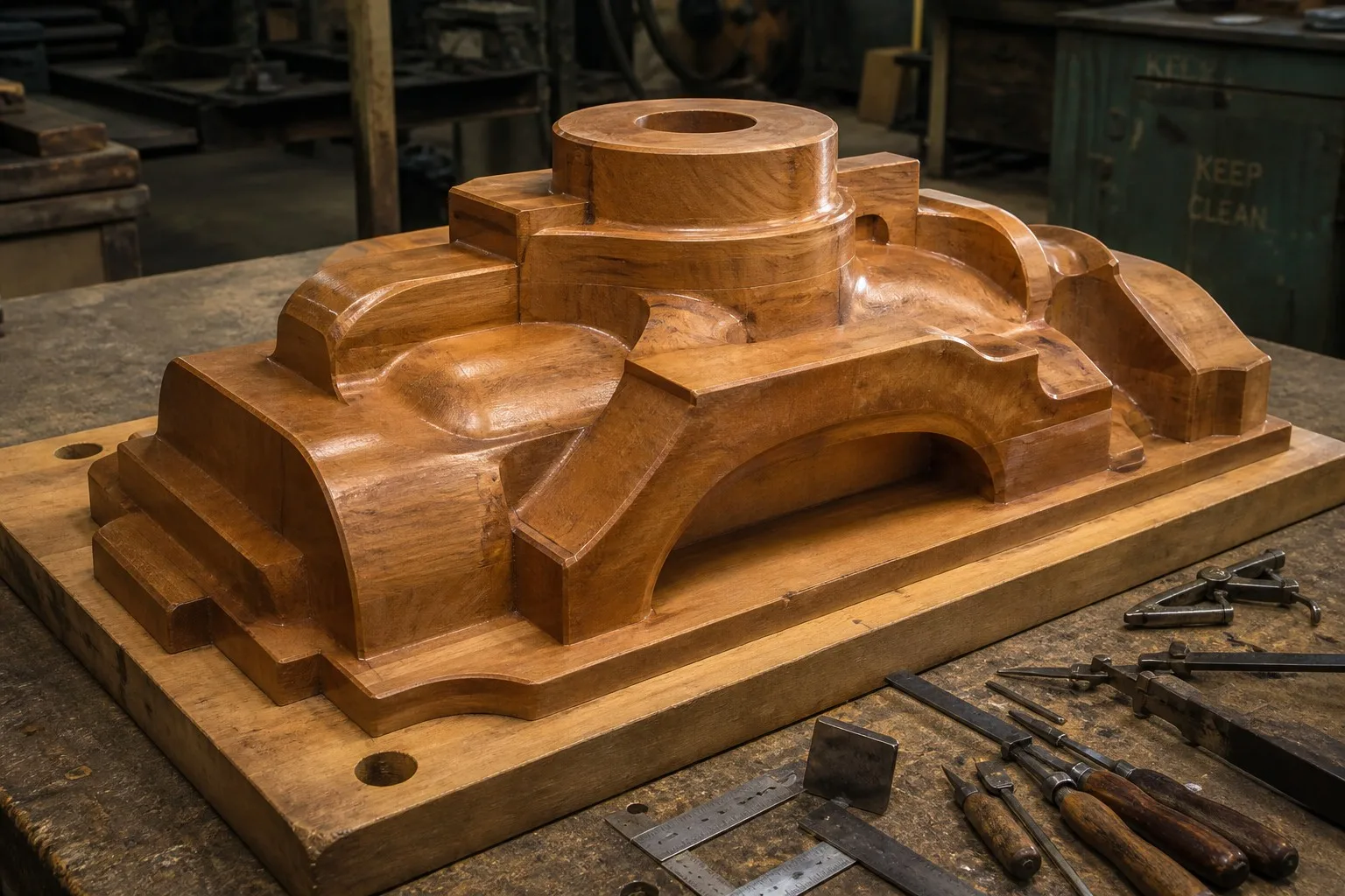 Wooden pattern for industrial casting in foundry pattern shop with tools