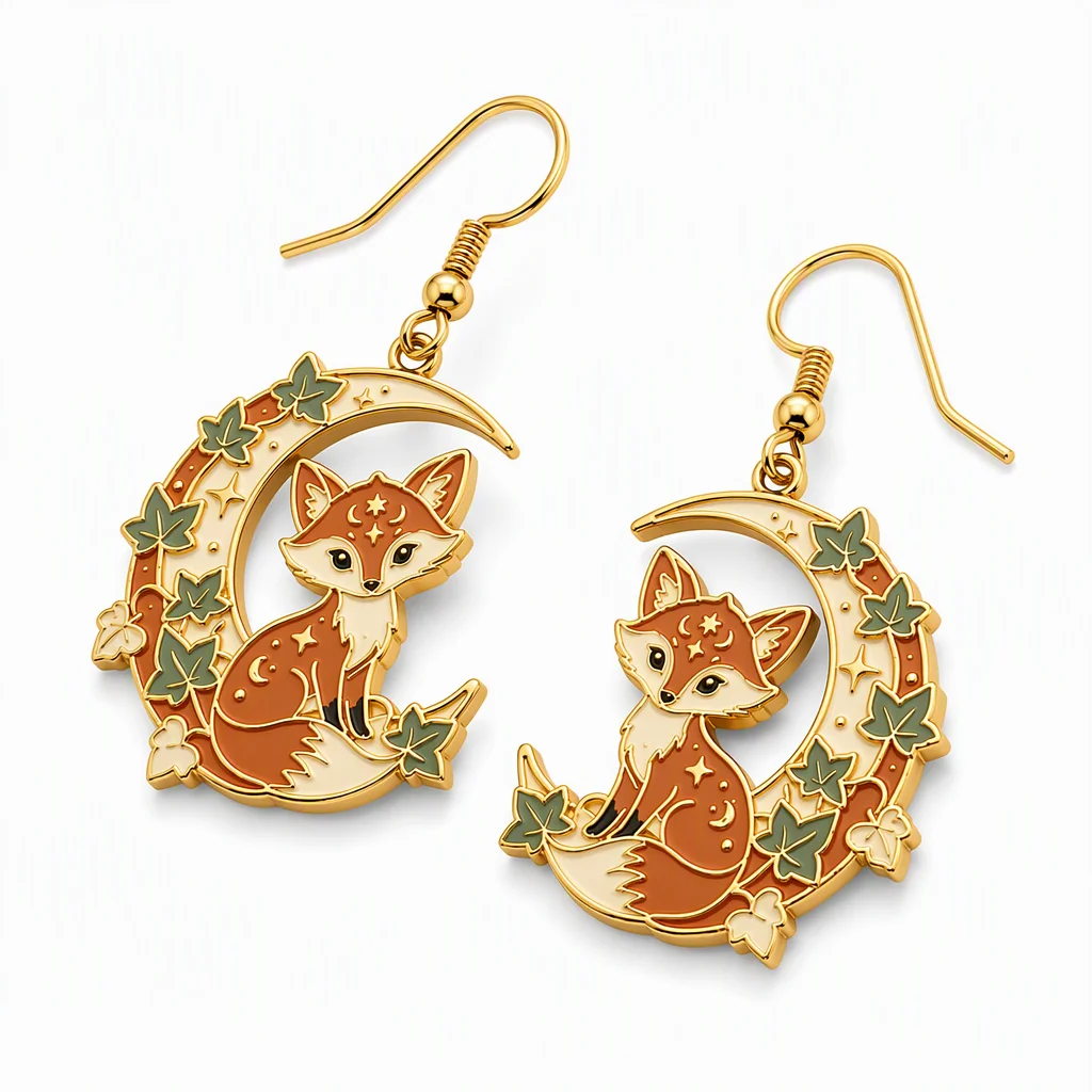 Celestial Moon Fox Custom Enamel Dangle Earrings Pair View
