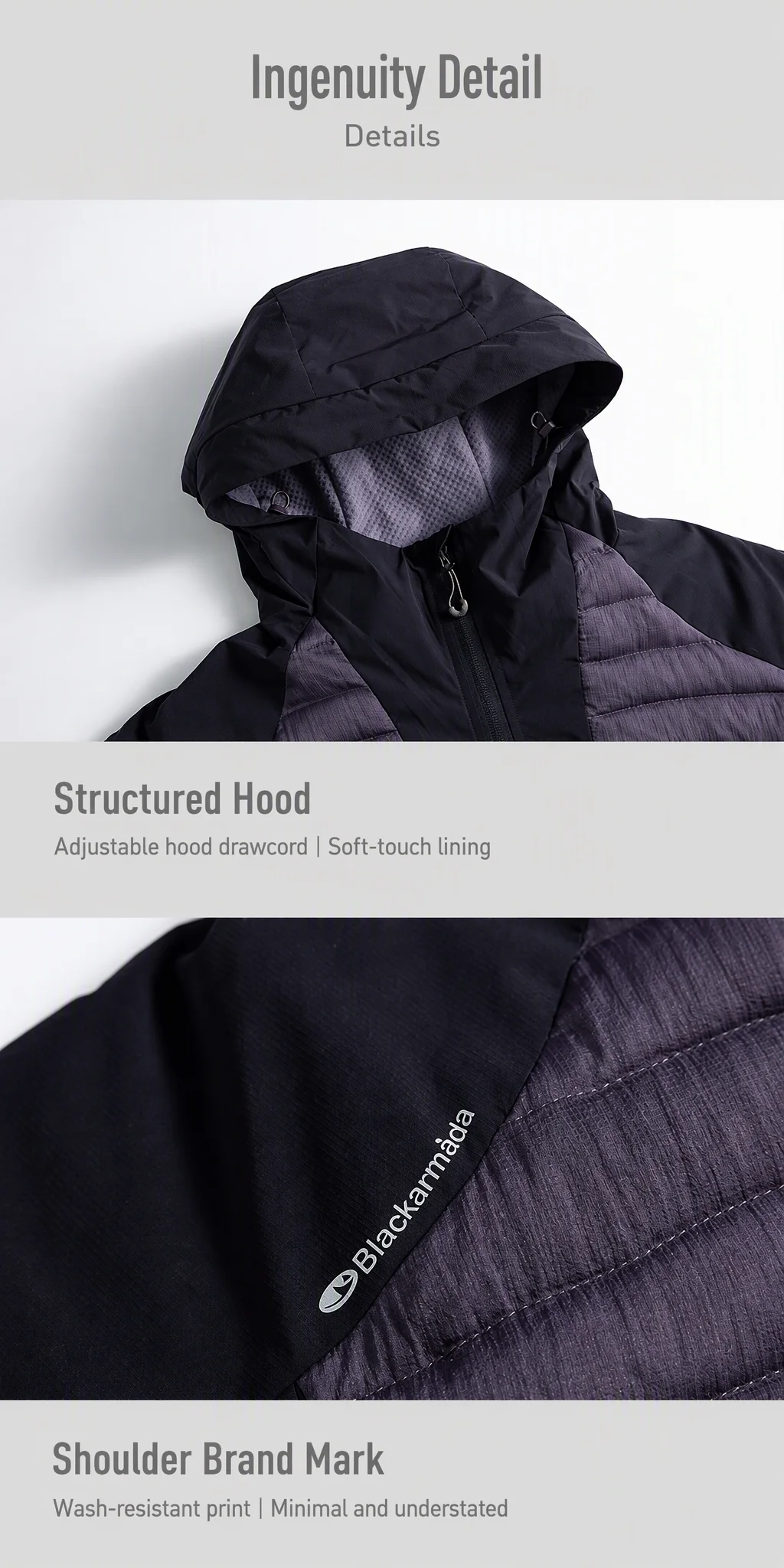Structured hood and shoulder brand mark details