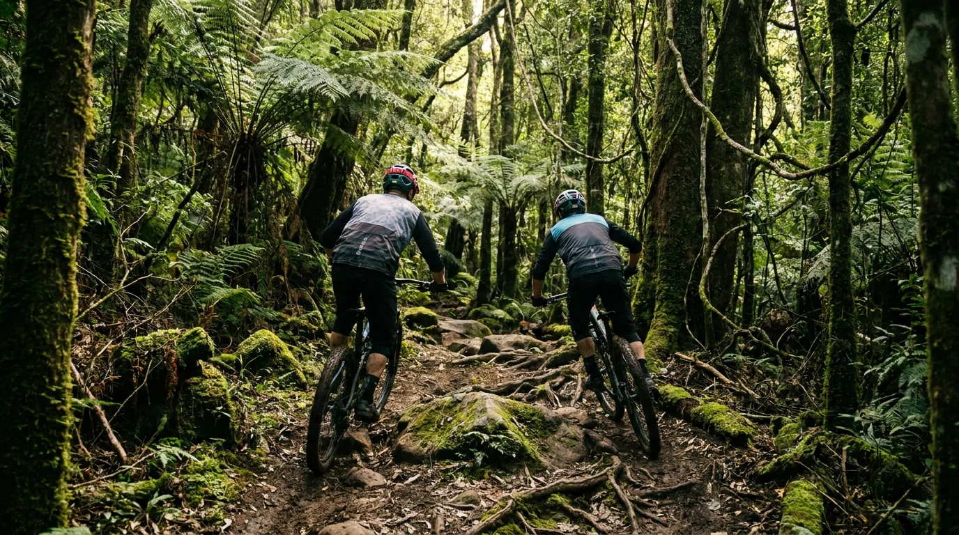 Two mountain bikers riding technical singletrack through lush Australian rainforest