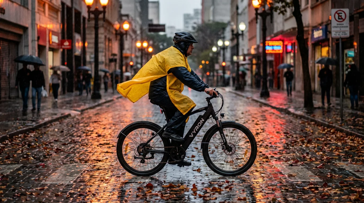 Ciclista brasileira pedalando e-bike VYRON sob chuva de outono em Sao Paulo com capa impermeavel