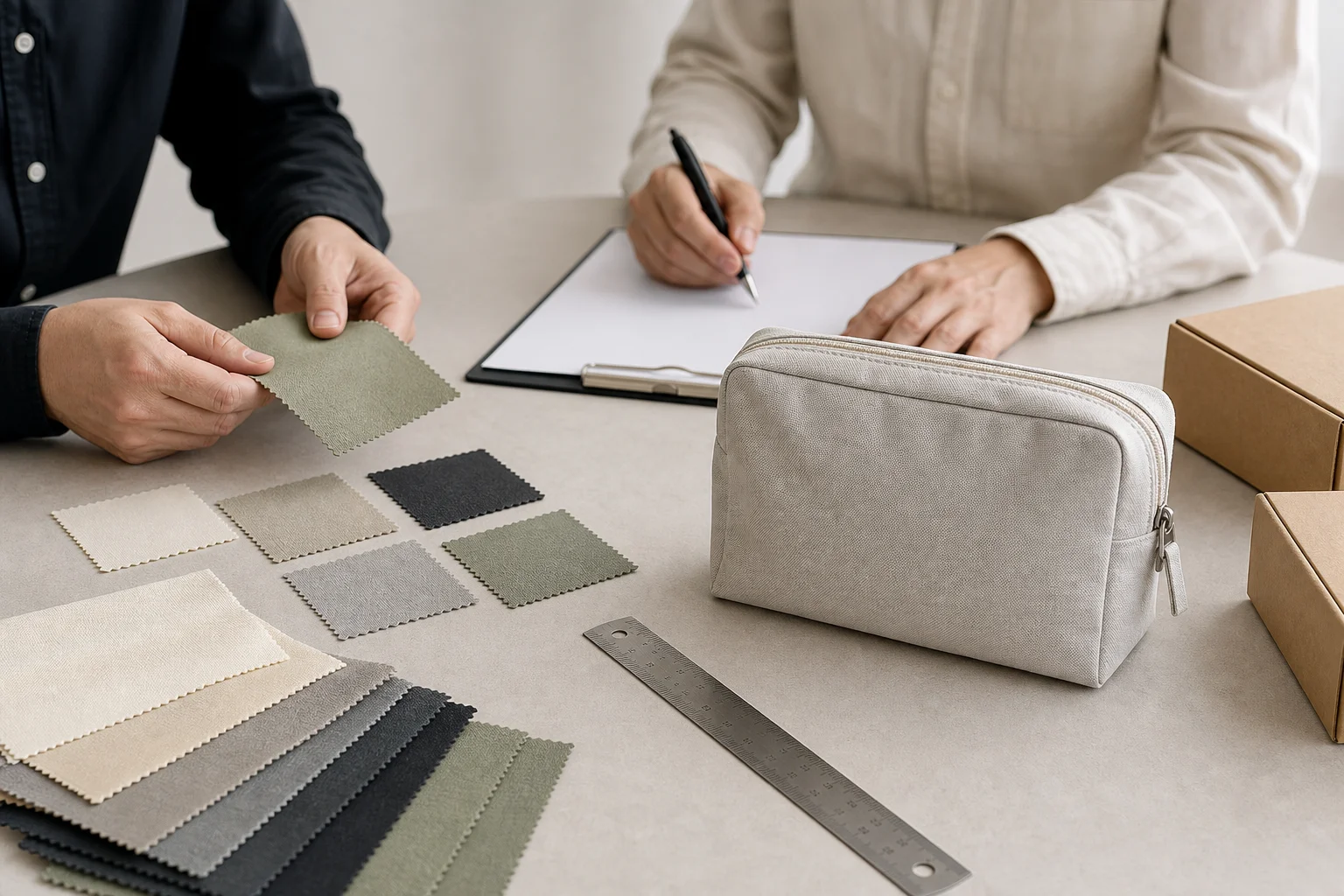 Procurement team reviewing an unbranded cosmetic pouch prototype, fabric swatches, and inspection tools on a worktable