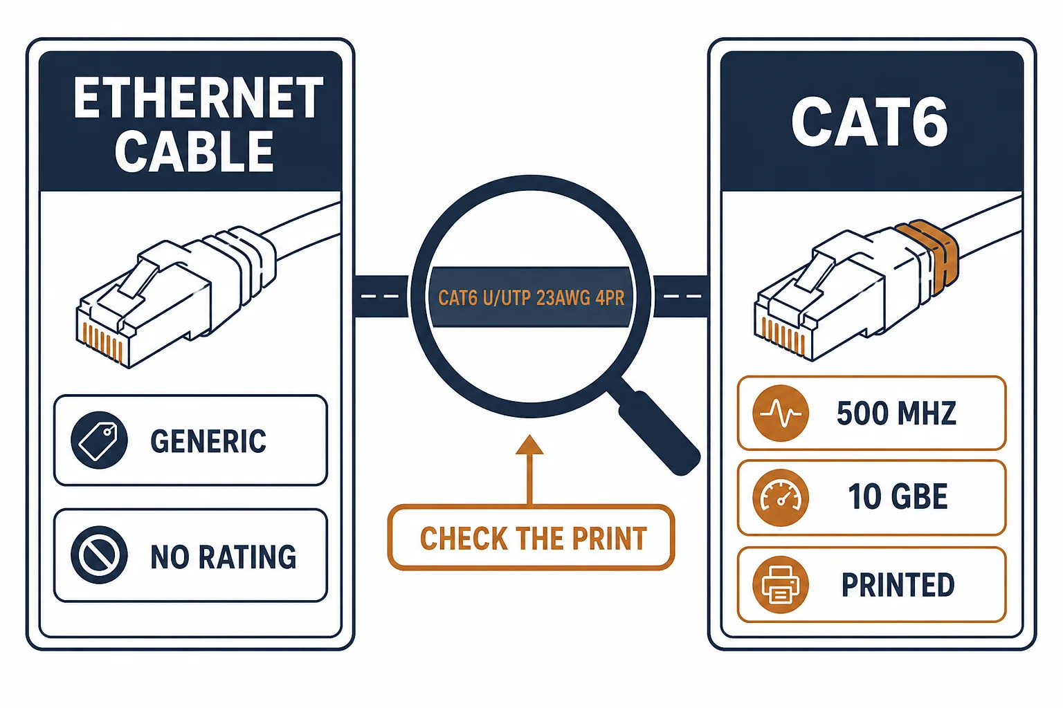 Generic ethernet cable card beside a Cat6 card with jacket print magnified