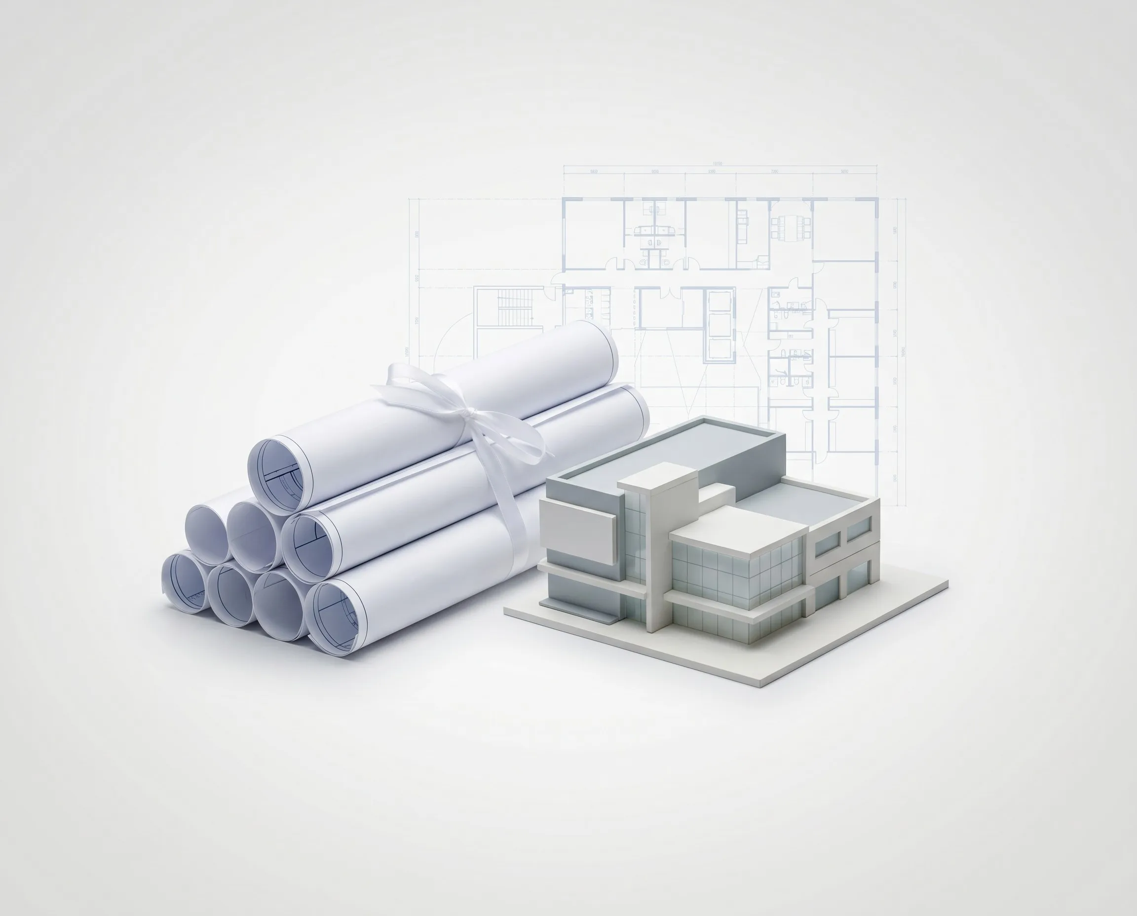 Architectural drawings and isometric building model representing end-to-end building solutions