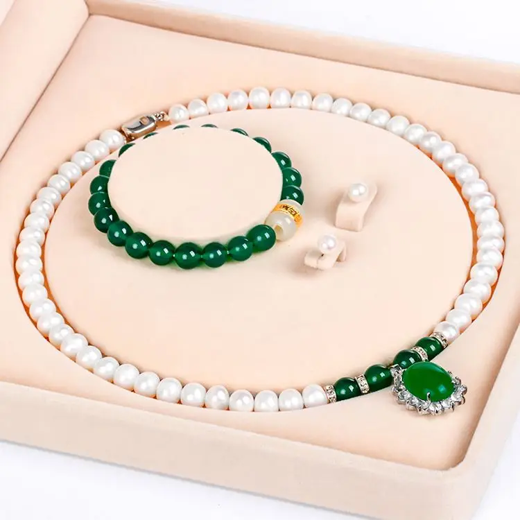 

Certified Wedding Anniversary Three Green Agate Pendants Love Woman South Sea Freshwater Pearl Necklace Jewelry Set