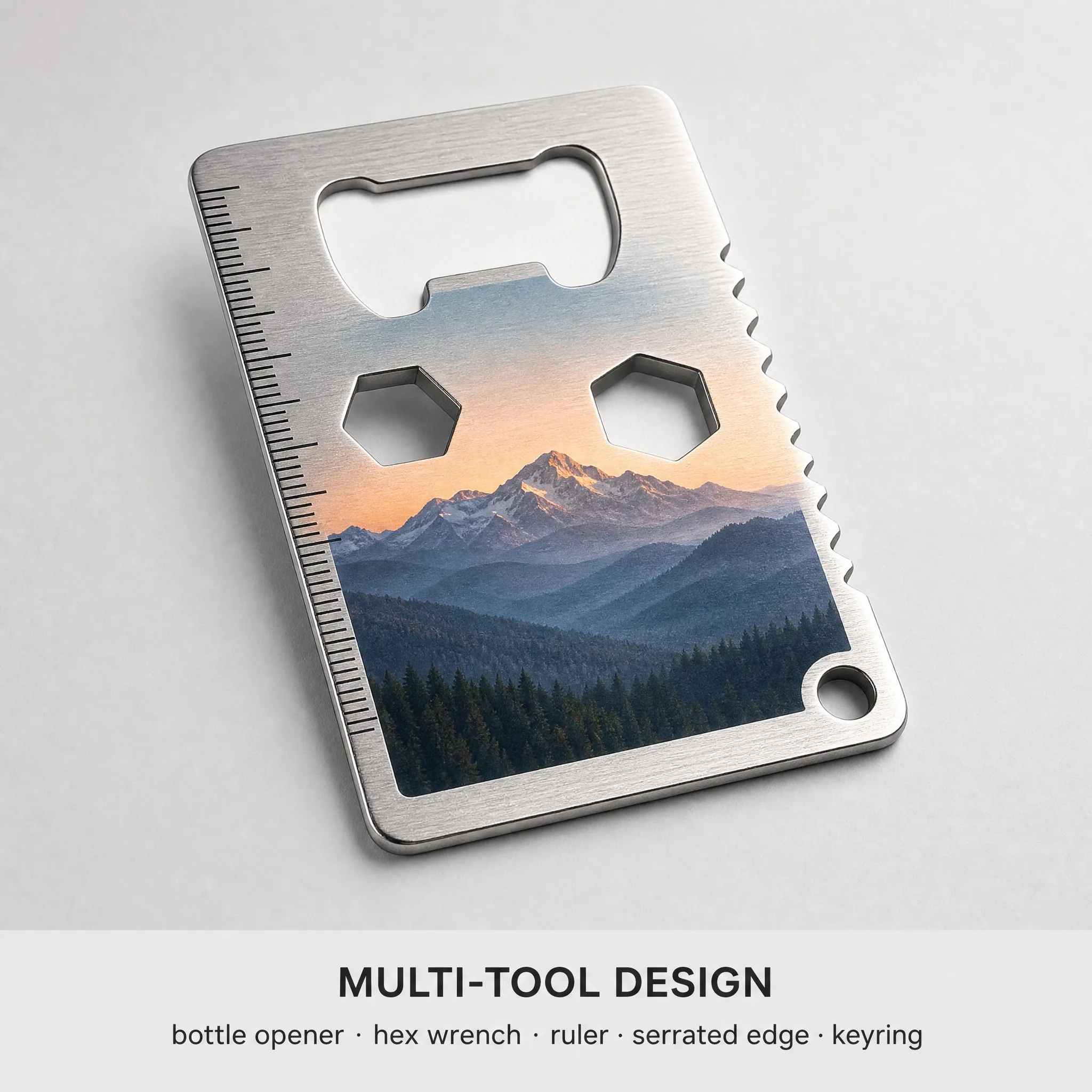 Multi-tool functions: bottle opener, hex wrench, ruler, serrated edge, keyring