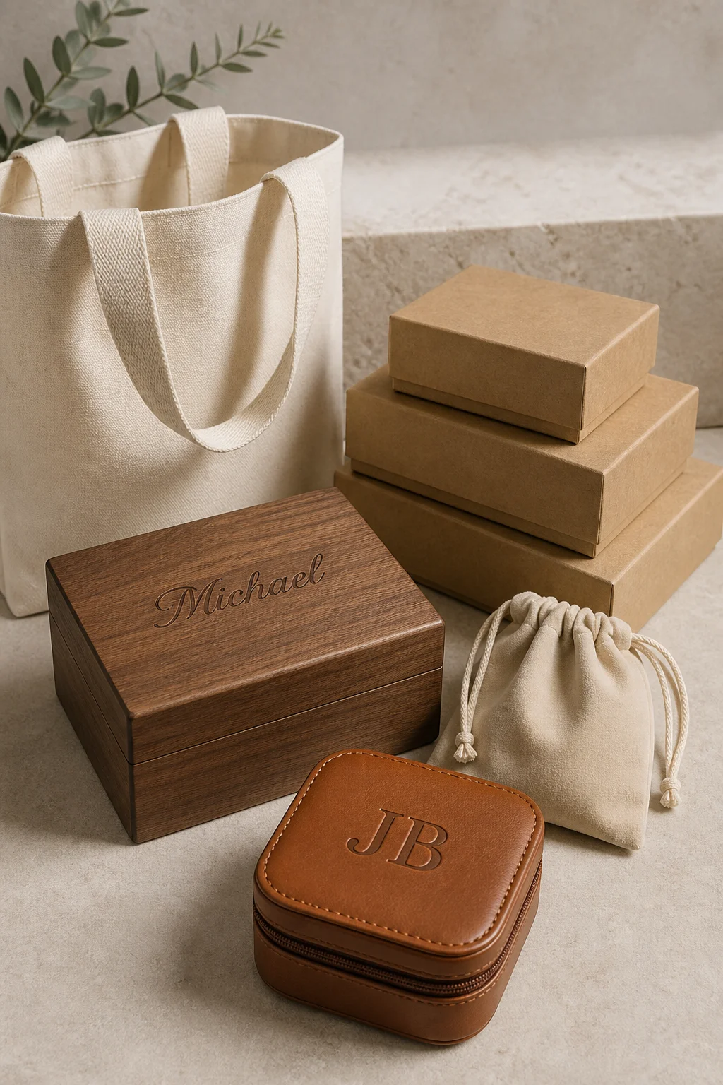 Blank unbranded kraft boxes, plain canvas tote, blank velvet pouch, and a wood jewelry box with an engraved name on the lid