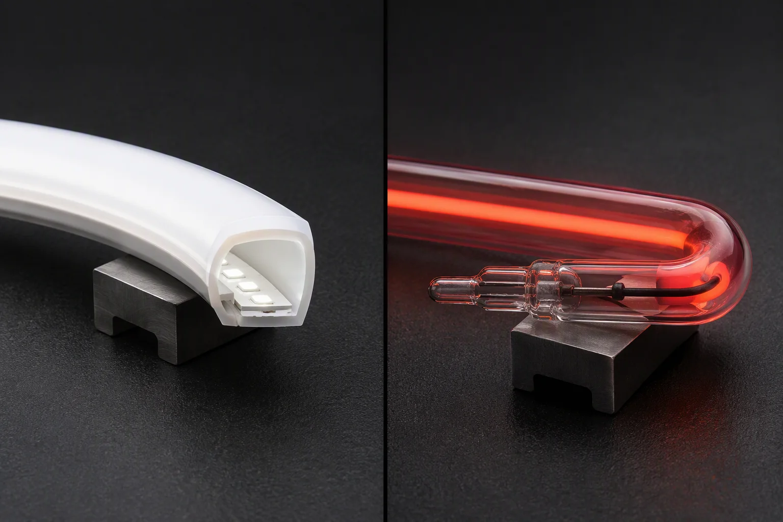 Cutaway comparison of LED Neon Flex and traditional glass neon construction