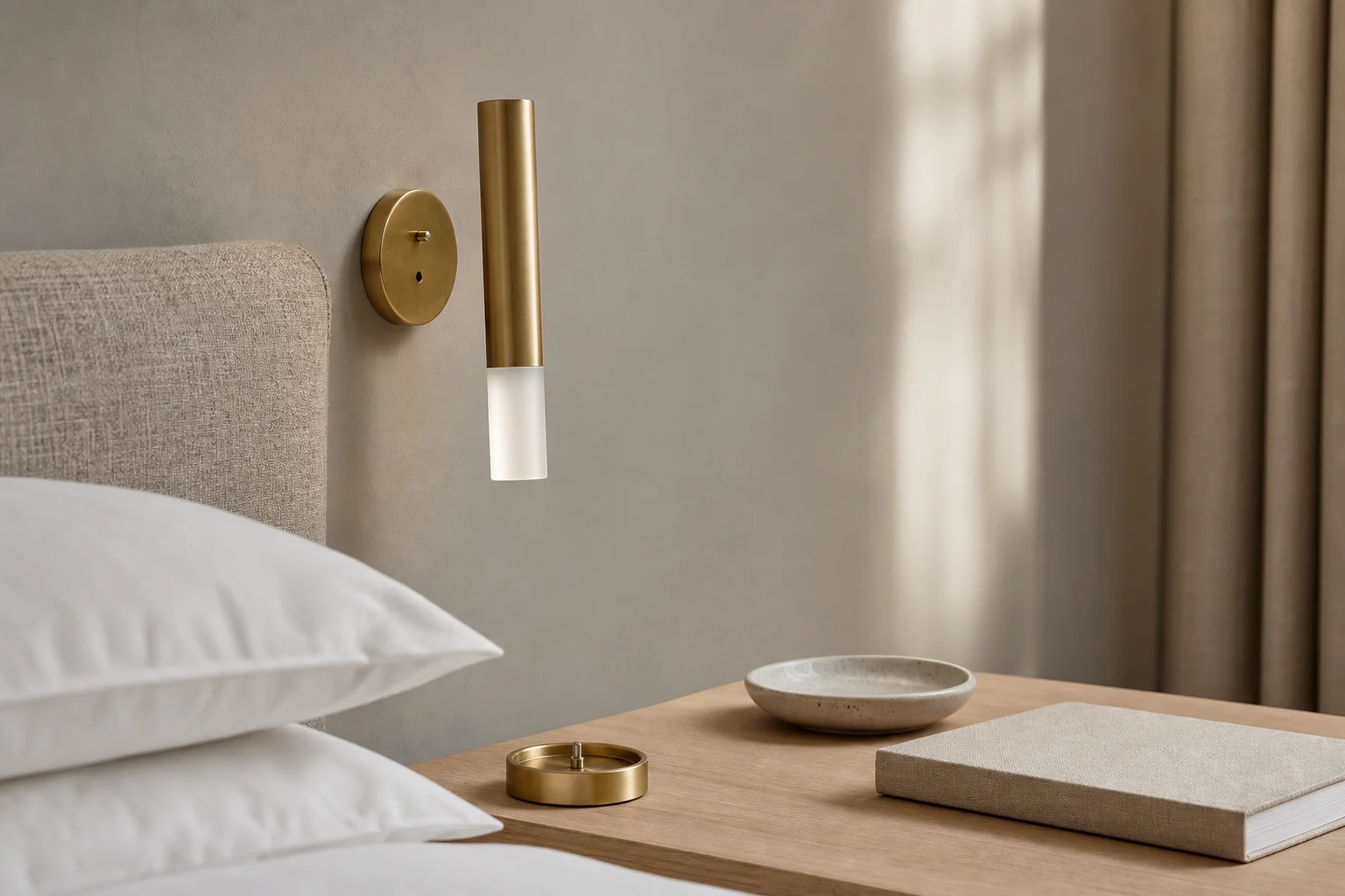 A rechargeable hotel wall light with its head lifted off the wall bracket, above a charging dock on the bedside table
