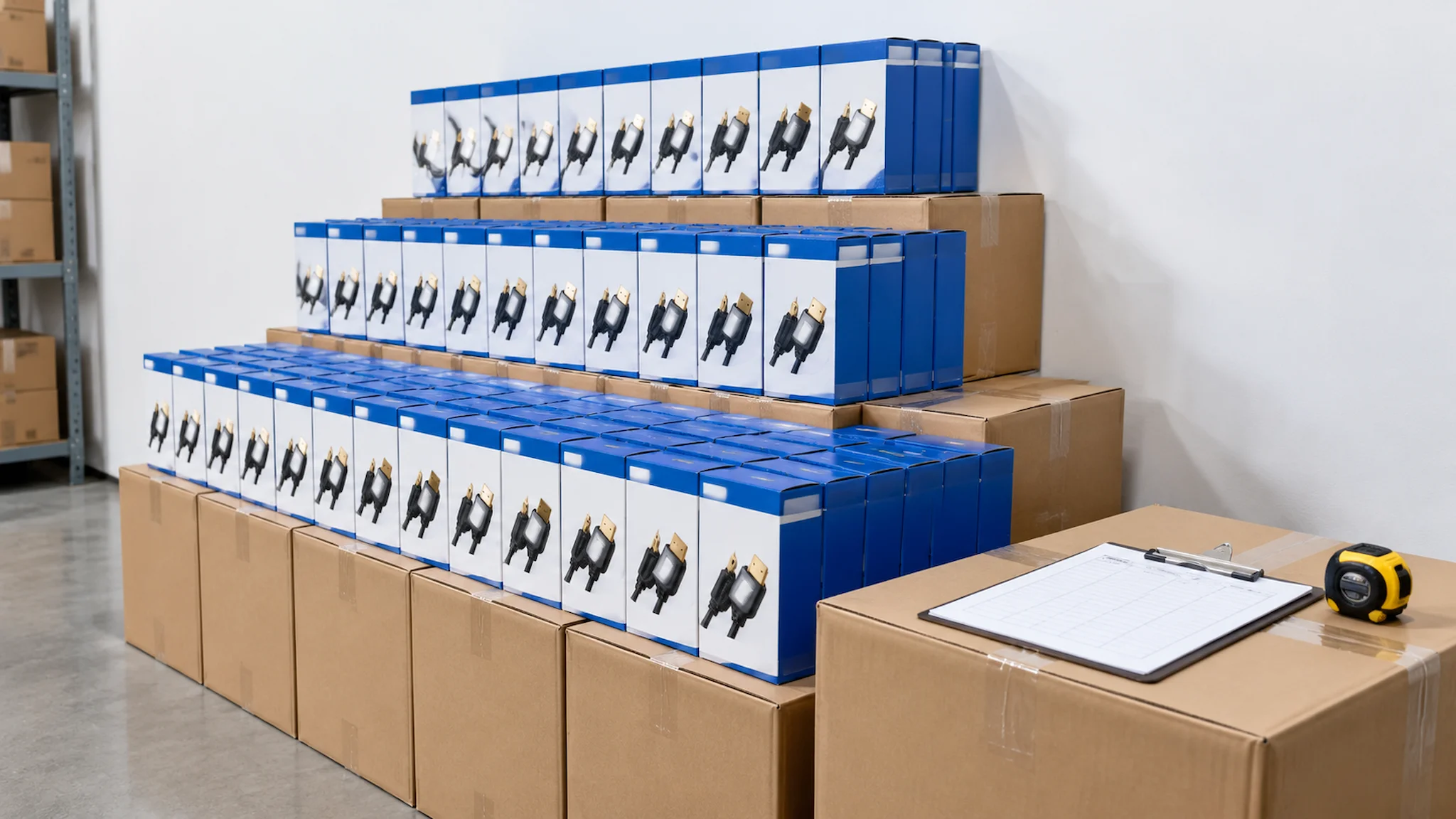 HDMI cable boxes stacked in three quantity tiers in a warehouse