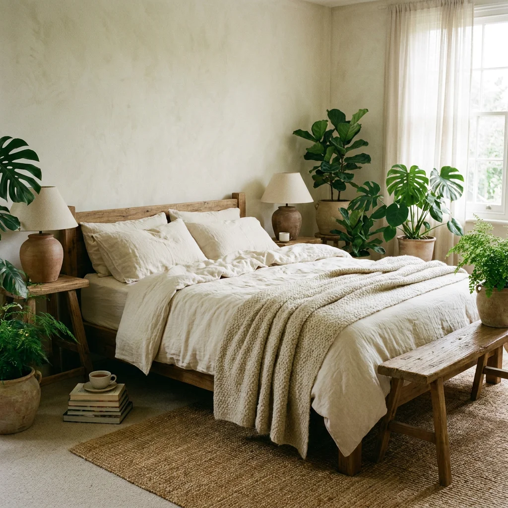 Chambre complète style slow living avec parure de lit en lin et plantes vertes