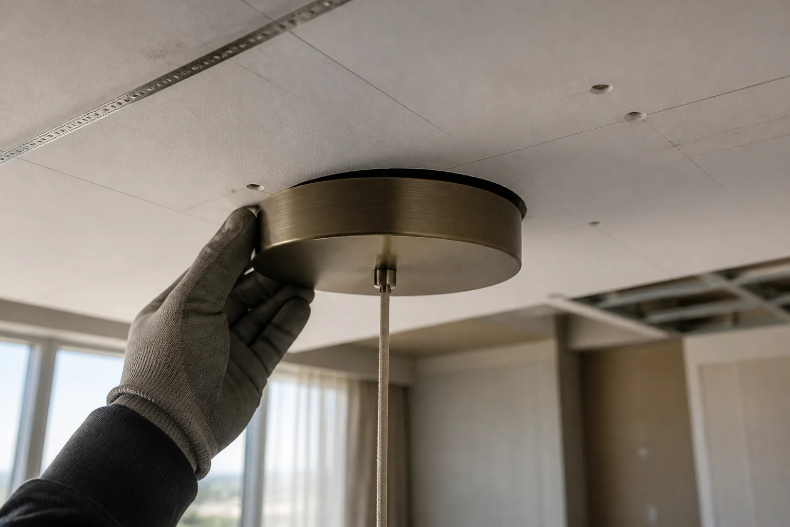 Hotel ceiling pendant being set out against a ceiling opening