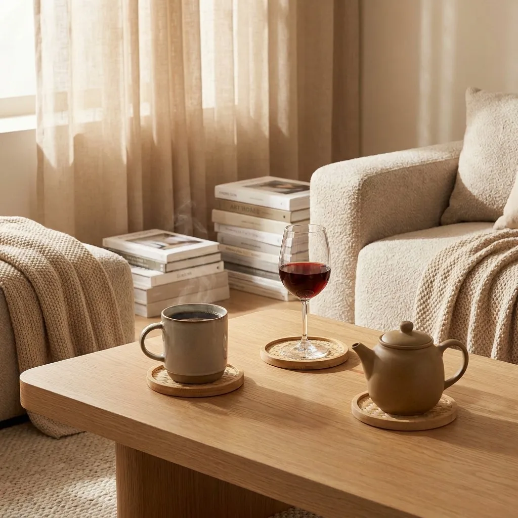 Minimalist bamboo drink coasters in use on living room coffee table with mug wine glass and teapot