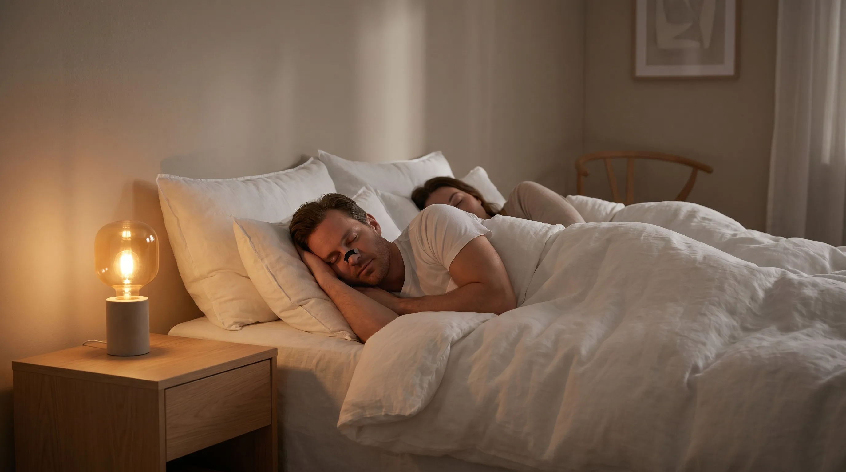 Couple sleeping better with nasal dilator — lifestyle photography