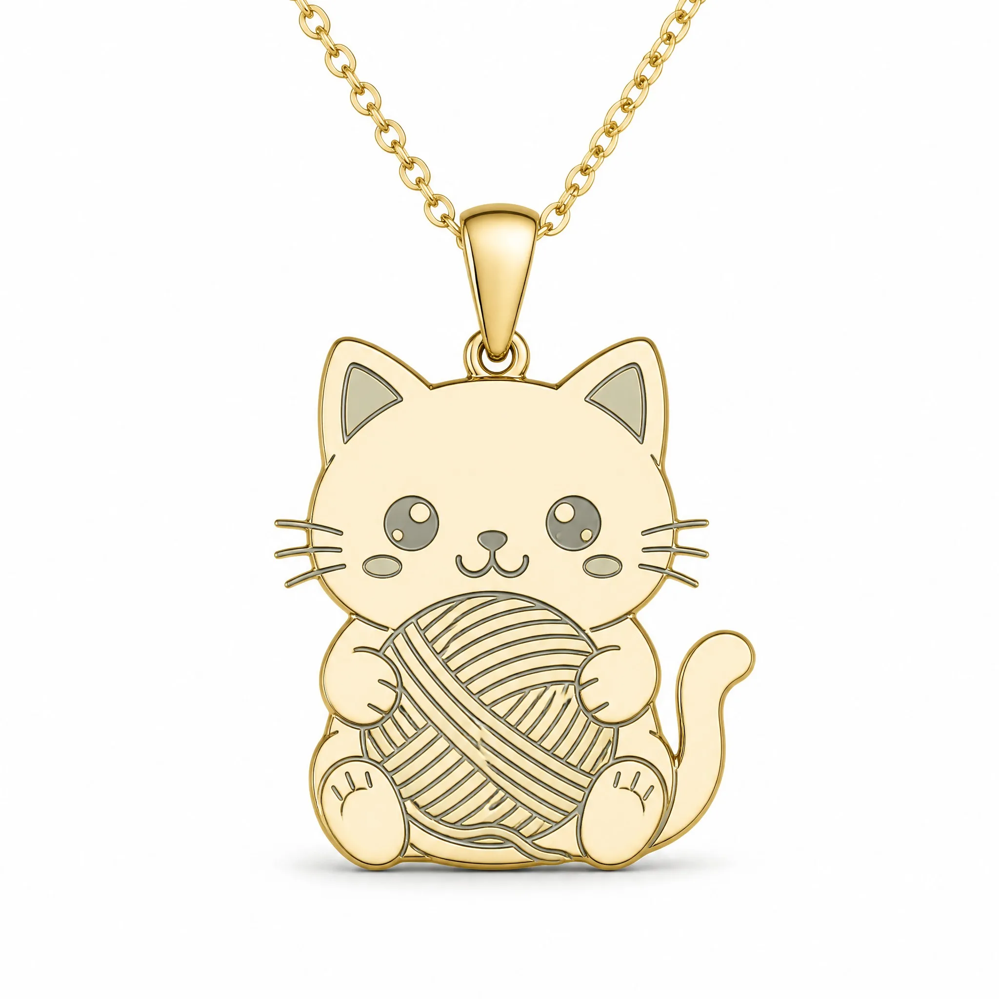 Custom laser engraved cat pendant necklace white cat with red yarn ball on white background
