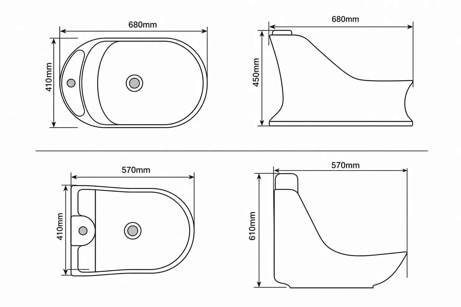 Technical dimension drawings of the WUDU033 and WUDU034 wudu basins with measurement labels